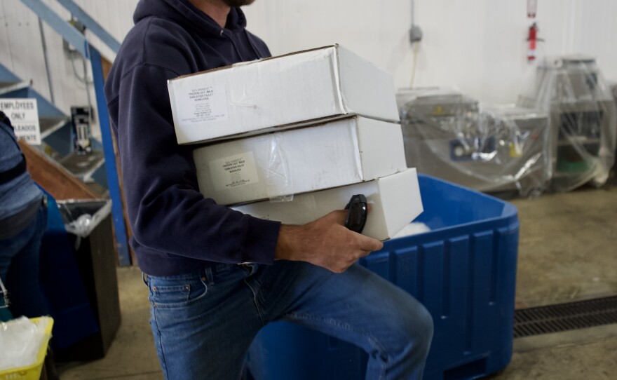 Third-generation Monterey Bay fisherman Walter Deyerle helps operate Sea Harvest, a business his father started in the 1980s. He carries cardboard boxes full of individually quick-frozen (IQF) black cod to his truck before hand-delivering it to Al Siekert of Al & Friends.