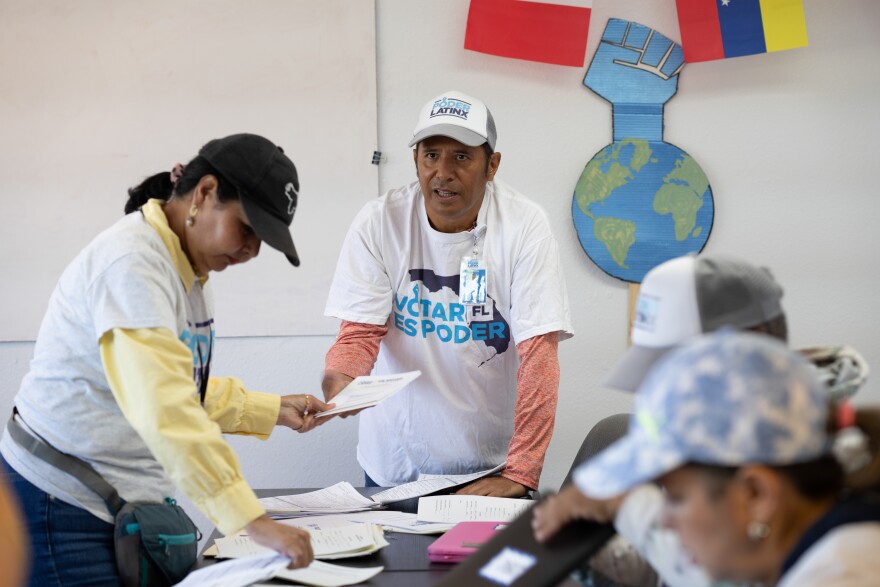 Humberto Orjuela, along with other canvassers for Poder Latinx, gather voter registration forms before heading out into the Orlando community on April 20.