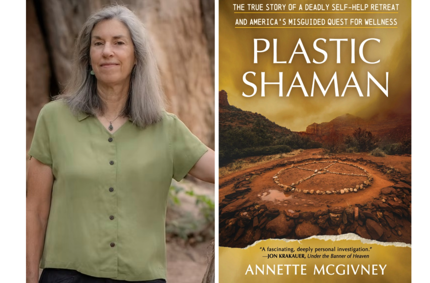 On the left is a woman, Annette McGivney, with gray hair and a green shirt posting in a natural landscape. On the right is a book cover which McGivney wrote. 