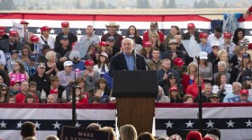 Greg Gianforte helps warm-up the crowd before President Trump arrives at a Missoula, MT campaign rally, Oct. 18, 2018.