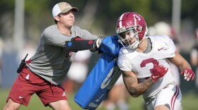 Alabama wide receiver Jermaine Burton (3) warms up during practice Thursday, Dec. 28, 2023, in Carson, Calif. Alabama is scheduled to play against Michigan on New Year's Day in the Rose Bowl, a semifinal in the College Football Playoff. (AP Photo/Ryan Sun)