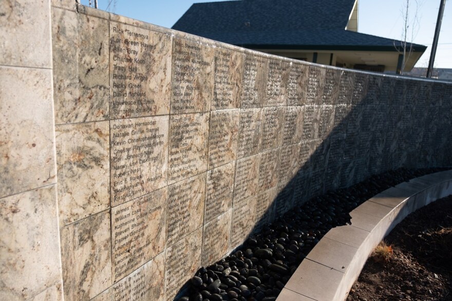 The memorial wall in Sacramento's Friendship Park, inscribed with more than 700 names of unhoused clients who have died in Sacramento, December 1, 2020.