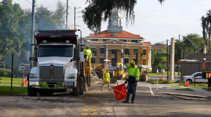 Road crews work on a pavement project along South Apopka Avenue in Inverness, Fla., July 29, 2026. The project is part of ongoing road improvement work throughout Citrus County.