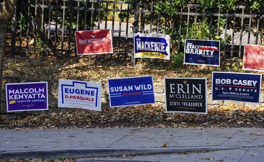 Campaign signs are shown outside Kirby Sports Center on Nov. 5, 2024, in Easton, Northampton County, Pennsylvania.