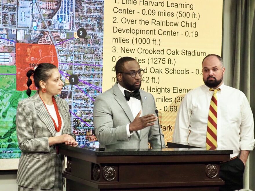 Rep. Jason Lowe, D-Oklahoma City, speaks on Wednesday at a state Capitol press conference on the future of the Oklahoma County jail with Del City Councilperson Claudia Browne, left, and local organizer Jess Eddy, right.
