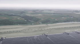 Allied troops land on Normandy Beach in a screen capture from a battlefield simulation developed at Purdue University.