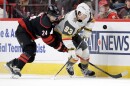 FILE - Carolina Hurricanes center Seth Jarvis (24) and Vegas Golden Knights right wing Mitch Marner (93) go for the puck during the first period of an NHL hockey game, Oct. 28, 2025, in Raleigh, N.C.