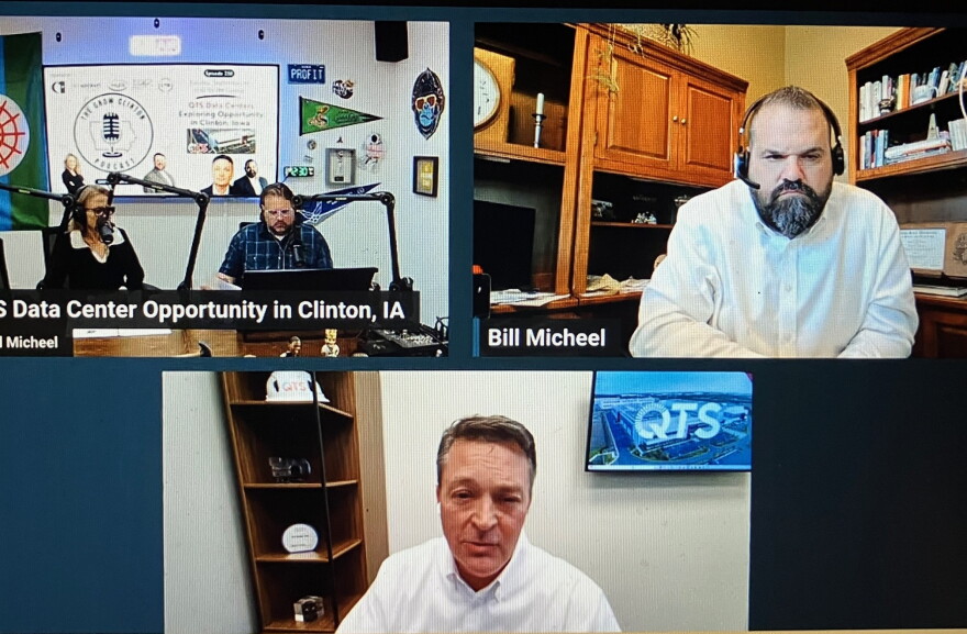Grow Clinton president/CEO Andy Sokolovich (upper left) hosts Bill Micheel (right) and Travis Wright of QTS on the Grow Clinton podcast Tuesday, Sept. 1, 2026.