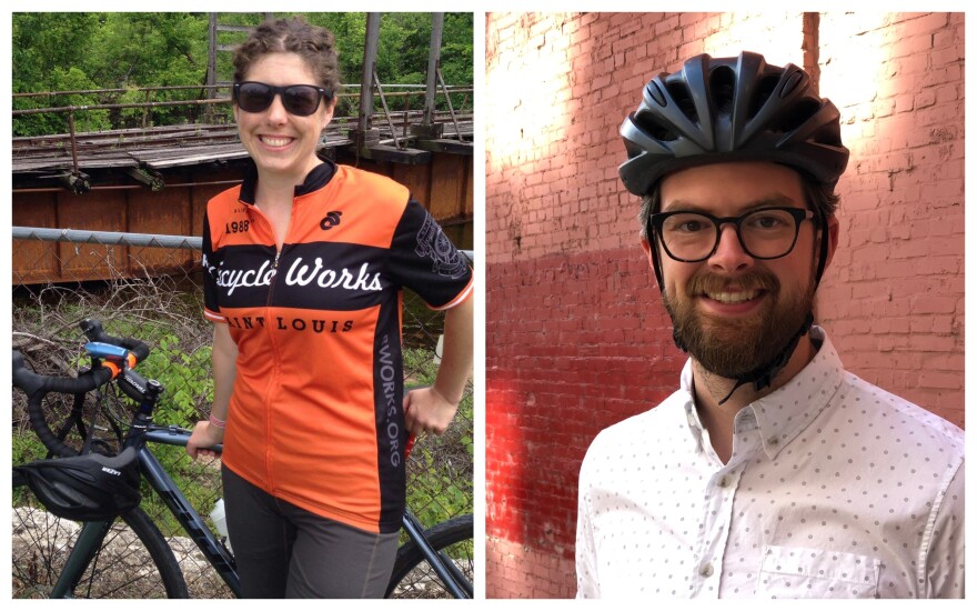 Emma Klues (at left) pauses during the Pedaler’s Jamboree, one of her favorite events on the Katy Trail. Kevin Hahn grins for the camera while wearing his helmet.