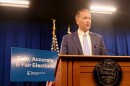 Oregon Secretary of State Tobias Read speaks to reporters in the state capitol in Salem on Tuesday, Aug. 25, 2026.