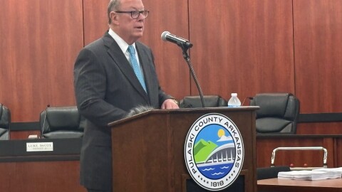 Pulaski County Judge Barry Hyde addresses the media at the county's administration building in downtown Little Rock on Friday, April 17, 2026.