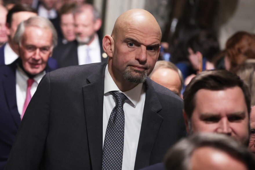 Sen. John Fetterman, D-Pa., arrives for President Biden's State of the Union address earlier this week. Fetterman was hospitalized on Wednesday and discharged on Friday.