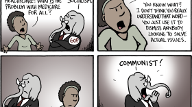 A four-panel political cartoon by Auchter for Michigan Public. In the top-left panel, a woman asks an elephant in a suit with a "GOP" button, "BUT SERIOUSLY, WHAT'S SO BAD ABOUT UNIVERSAL HEALTHCARE? WHAT IS THE PROBLEM WITH MEDICARE FOR ALL?" The elephant dismissively replies with arms crossed, "IT'S SOCIALISM." In the top-right panel, the woman pushes back, saying, "SOCIALISM? SOCIALISM?! YOU KNOW WHAT? I DON'T THINK YOU REALLY UNDERSTAND THAT WORD—YOU JUST USE IT TO DISMISS ANYBODY LOOKING TO SOLVE ACTUAL ISSUES." In the bottom-left panel, the elephant pauses silently while looking uncomfortable. In the bottom-right panel, the elephant cup his hands around his mouth and yells, "COMMUNIST!"