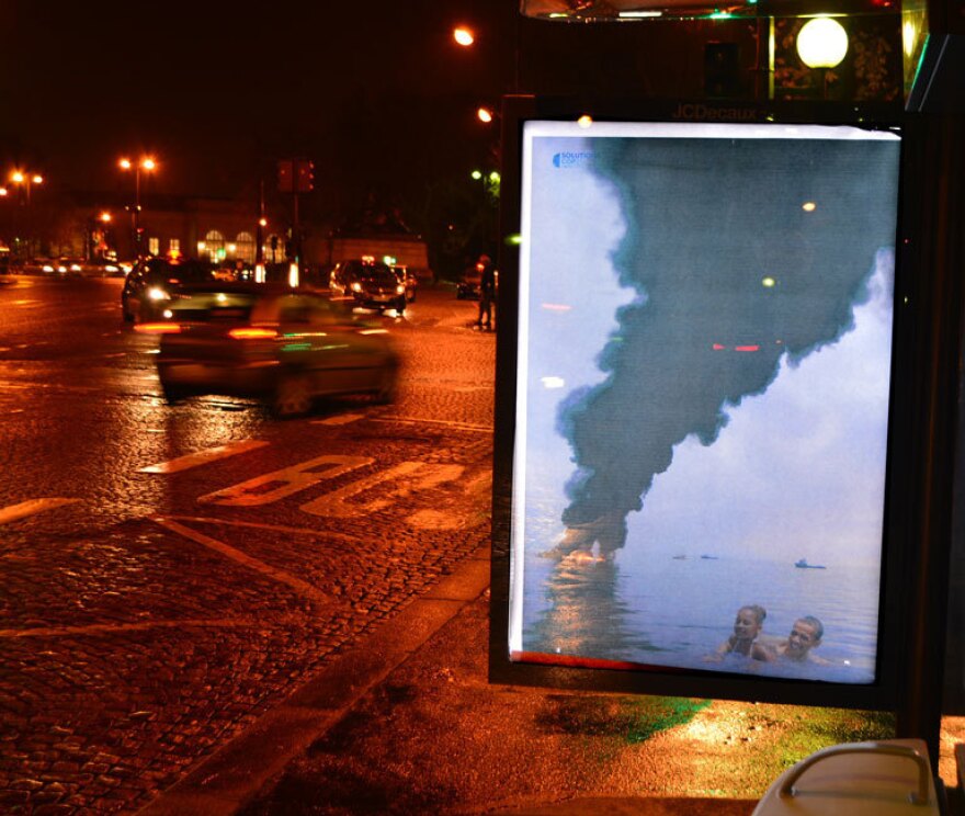 An image of President Obama and his daughter is juxtaposed with an image of a burning oil spill.