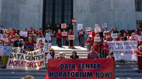 People gather in front of the Oregon State Capitol, advocating for a statewide data center moratorium, in Salem, Ore., Sept. 8, 2026.