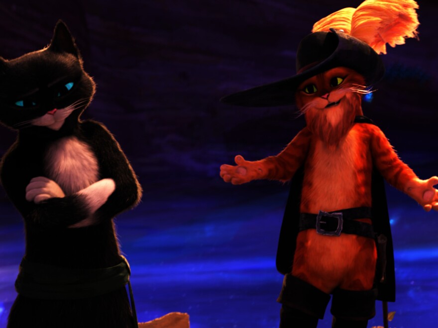 This image released by DreamWorks Animation shows the characters Kitty Softpaws, voiced by Salma Hayek Pinault, left, and Puss in Boots, voiced by Antonio Banderas, from the animated film "Puss in Boots: The Last Wish" by director Joel Crawford.