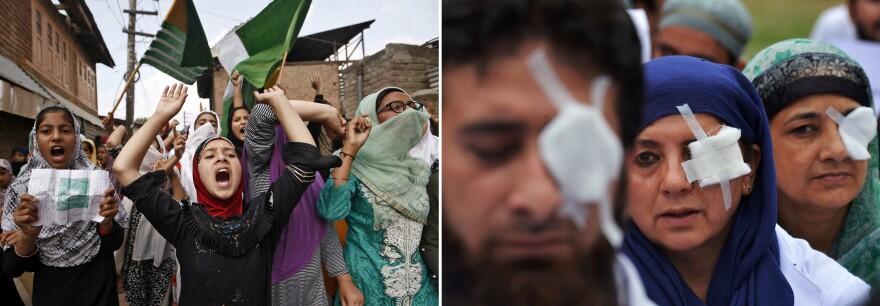 Left: Girls protest after Friday prayers in Srinagar, Indian-administered Kashmir, in September 2019. The Indian government revoked Kashmir's special status in August and shut down Internet access in much of the region. Right: At a hospital in Srinagar, doctors and paramedics wear bandages to protest the plight of Kashmiris shot in the eyes with pellet guns in 2016.