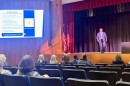 ETAMU president Dr. Mark Rudin addresses staff and faculty ahead of the fall 2026 semester from the stage of Ferguson Auditorium on the ETAMU campus.