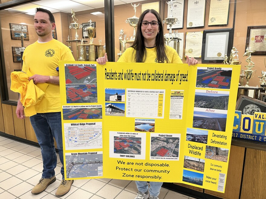 Janessa Bednash stands outside a conditional use hearing for a data center campus proposed in Archbald.