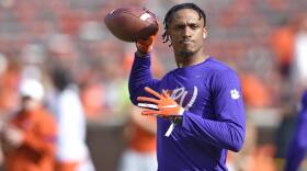 Clemson's Diondre Overton runs drills during warmups before an NCAA college football game against Wake Fores, Nov. 16, 2019, in Clemson, S.C. (AP Photo/Richard Shiro, File)
