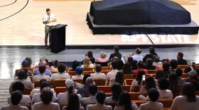 App State Team Sunergy manager Zach Howard ’25 ’26 delivers remarks on the team’s long journey to the unveiling of its new solar racing vehicle, Autumn, which took place July 10 at the Holmes Convocation Center on App State’s Boone campus.