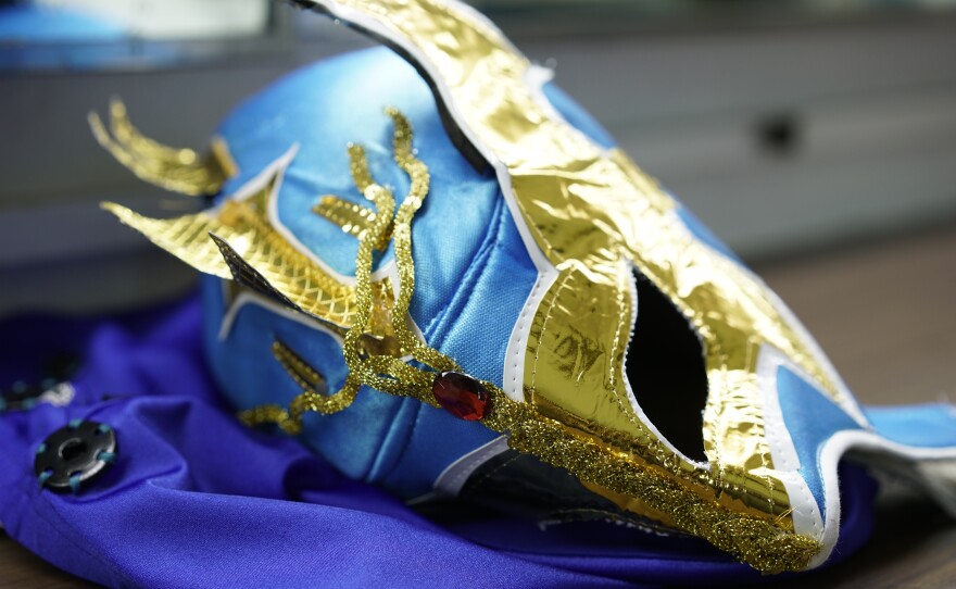 A blue mask is left in the dressing room. Marc Vital is the costume designer in charge behind scenes. Columbia, MO. March 07, 2023