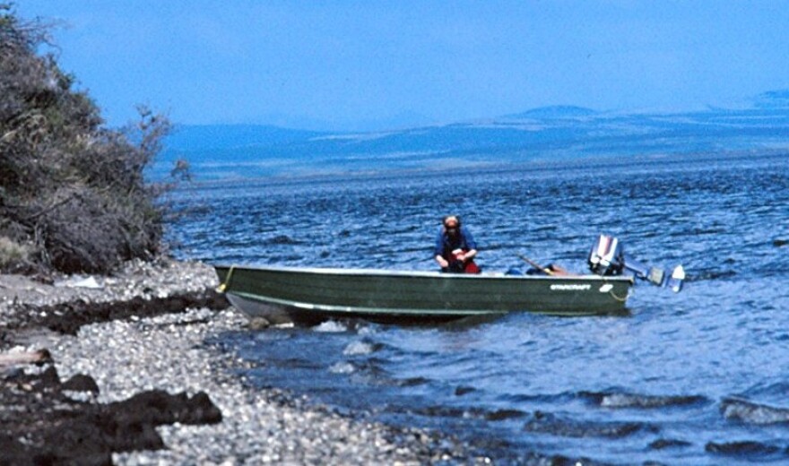 Margaret Merritt works from a boat during field work for the Alaska Department of Fish and Game.