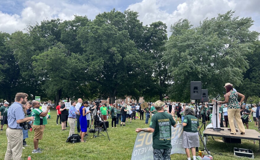 At least 150 people gathered outside Legislative Hall to rally for marijuana legalization and for Delaware legislators to override Governor John Carney's veto of such legislation.
