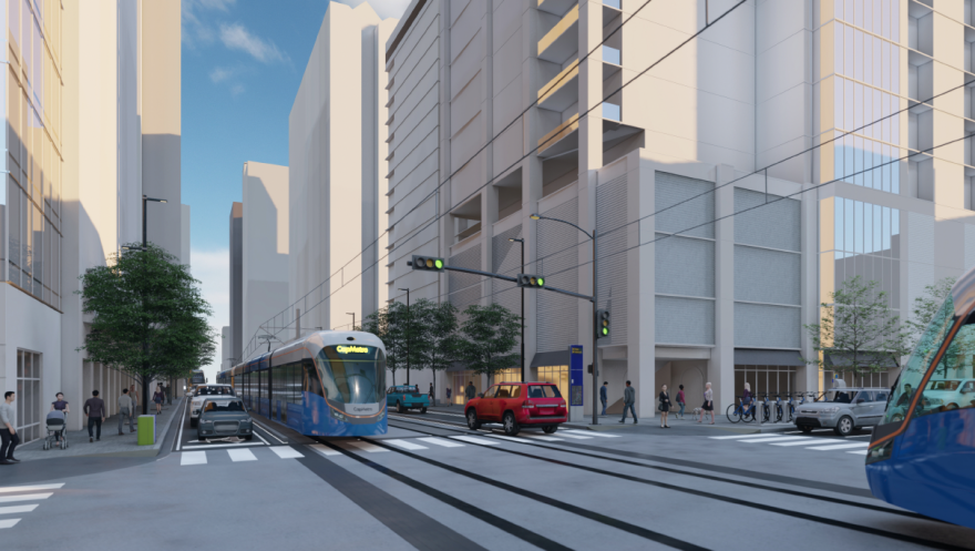 Most of Austin's five new light-rail options eliminate underground rail. This rendering shows a train running at street level along East 3rd Street at San Jacinto Boulevard. 