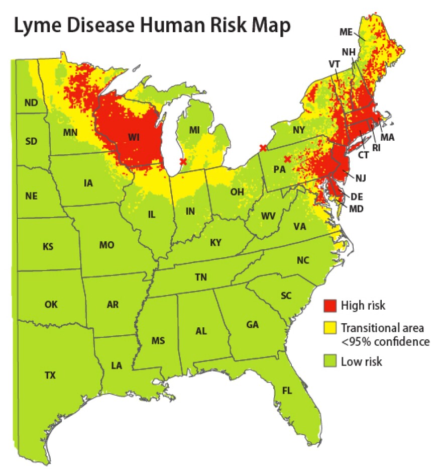 The highest human risk for Lyme disease lies in the Northeast, Mid-Atlantic and Upper Midwest.