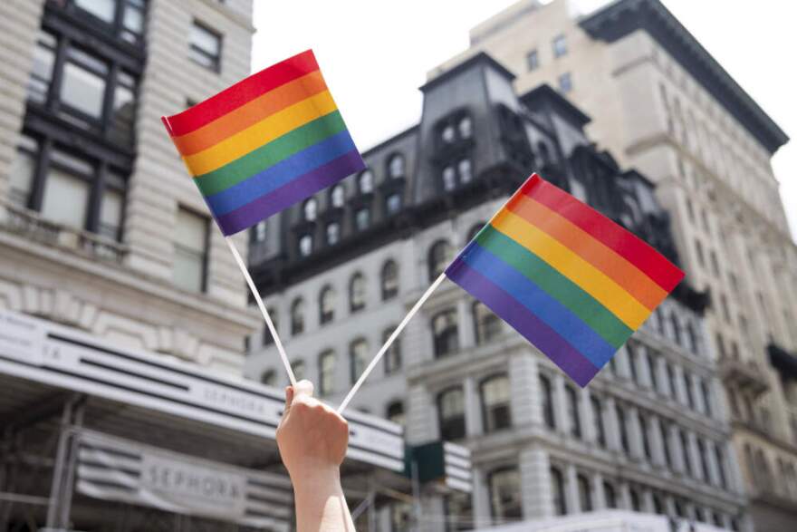 A person holds up LGTBQ+ pride flags during the Pride Parade in New York, June 24, 2018. (Steve Luciano/AP)
