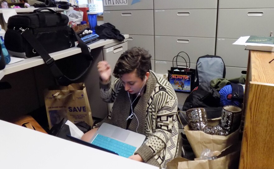A student finds a small space to work during the sit-in at Seattle University.
