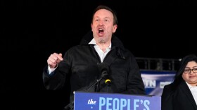 Sen. Chris Murphy, D-Conn., speaks during the "People's State of the Union" rally outside of the U.S. Capitol Tuesday, Feb. 24, 2026, in Washington. (AP Photo/Jose Luis Magana)