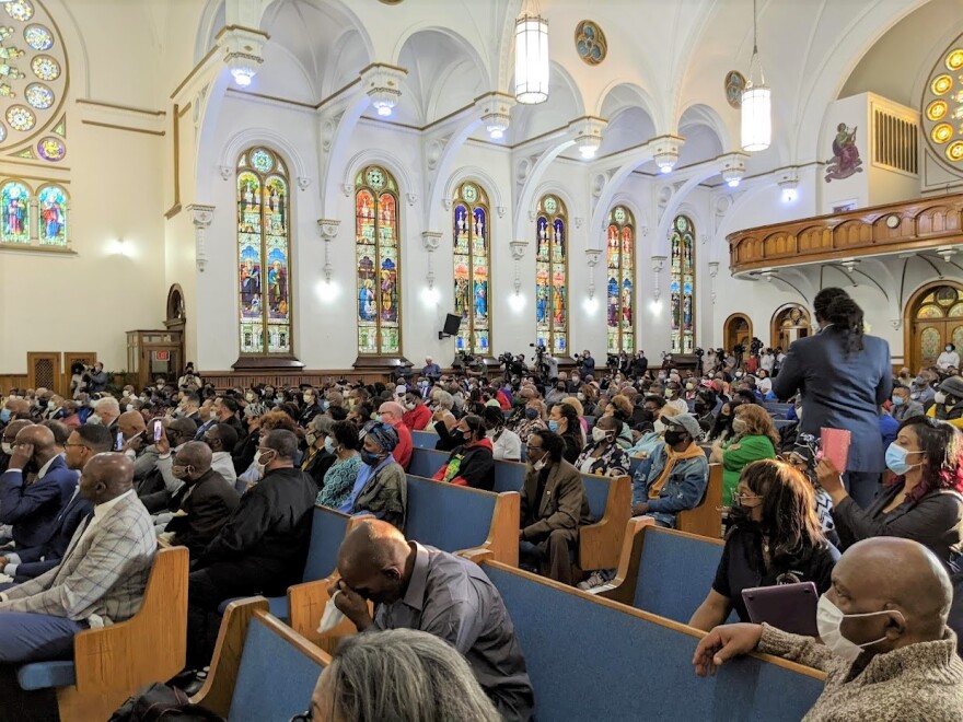 Full pews inside the Antioch Baptist Church in Buffalo.