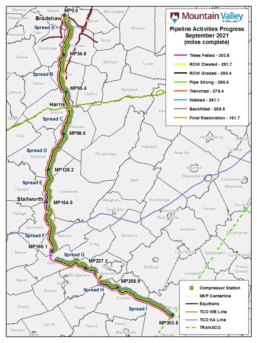 A map of the Mountain Valley Pipeline's route and construction progress