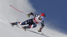 FILE - United States' Lauren Macuga competes in the women's World Cup super G ski race in St. Moritz, Switzerland, Dec. 21, 2024.