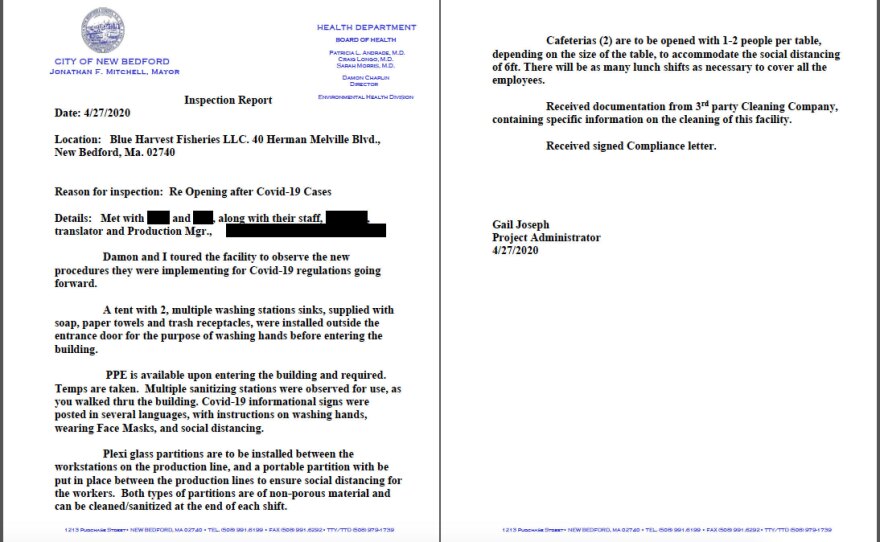 An inspection report from the New Bedford Health Department following the temporary closure of Blue Harvest Fisheries after COVID-19 cases were discovered at the plant in late April.