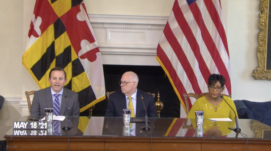 Senate President Bill Ferguson, Gov. Larry Hogan and House Speaker Adrienne Jones deliver remarks at the start of Tuesday's bill signing.