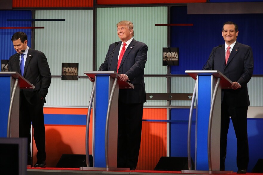 Republican presidential candidates, from left to right, Sen. Marco Rubio, R-Fla., Donald Trump and Sen. Ted Cruz, R-Texas participate in the sixth GOP debate on Jan. 14 in North Charleston, S.C.