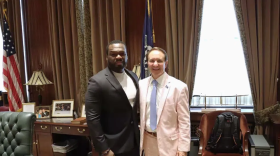 Curtis "50 Cent" Jackson (left) and Louisiana Governor Jeff Landry (right). File photo taken May 8, 2025, as the two discussed economic development projects in Louisiana.
