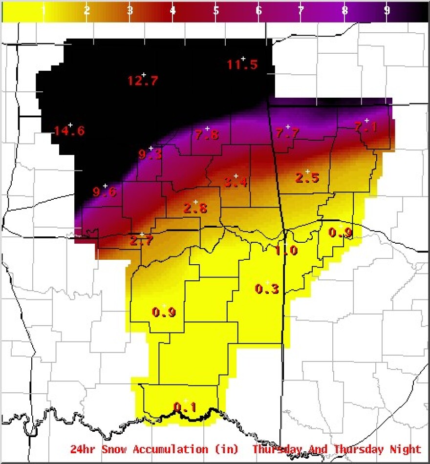 Click on map to see predicted snow fall totals.