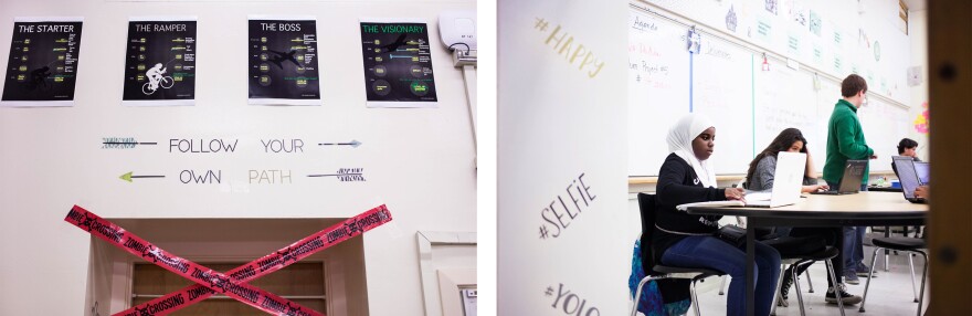 <strong>Left:</strong> Posters — The Starter, The Ramper, The Boss and The Visionary — are taped to the walls of all Incubator classrooms to encourage students on their personal journey of learning something new. <strong>Right: </strong>Serenity Anderson works on a student project.