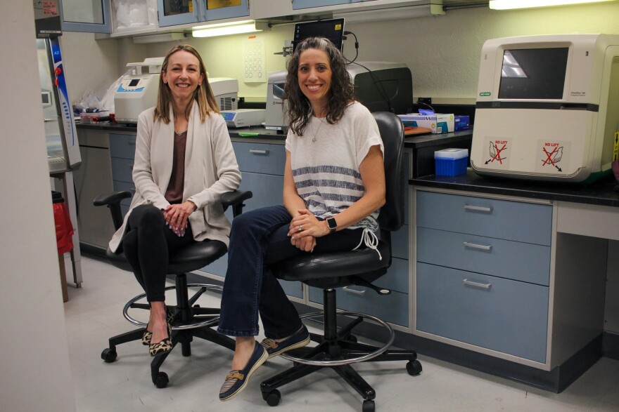 Vanessa Varaljay, chief research officer for Ohio State University's Infectious Disease Institute, left, and OSU professor Risa Pesapane, run Buckeye Tick Test out of Goss Laboratory on campus.