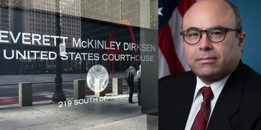The Dirksen Federal Courthouse in Chicago (Capitol News Illinois photo by Hannah Meisel) and U.S. Attorney Andrew Boutros.