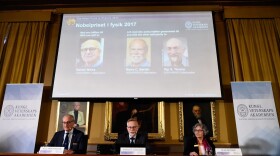 Nobel Committee for Physics members (bottom, left to right) chairman, professor Nils Martensson, Goran K. Hansson, secretary general of the Royal Swedish Academy of Sciences and Olga Botner, professor of experimental elementary particle physics, announce the 2017 winner of the Nobel Prize in Physics on Oct. 3, 2017, at the Royal Swedish Academy of Sciences in Stockholm. 2017 laureates for the Nobel Prize in Physics (on the display, left to right) are Rainer Weiss, Barry C. Barish and Kip S. Thorne. (Jonathan Nackstrand/AFP/Getty Images)
