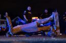 A statue of Confederate States President Jefferson Davis lies on the street after protesters pulled it down in Richmond, Va., on Wednesday.