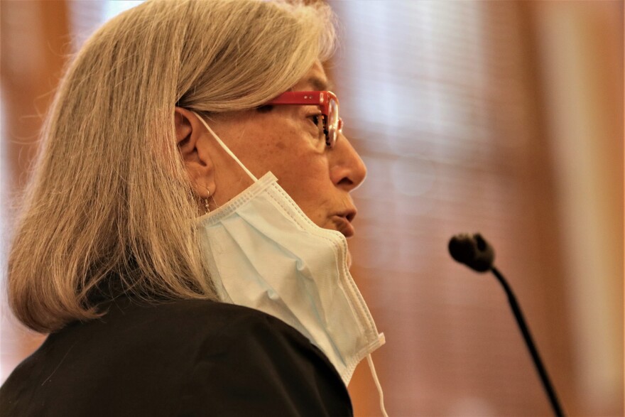 Mitzi McFatrich testifies in front of the Senate Judiciary Committee, urging members not to shield nursing homes from civil litigation in a COVID-19 response bill. McFatrich is the executive director of Kansas Advocates for Better Care, an organization that lobbies for improvements in nursing home care.