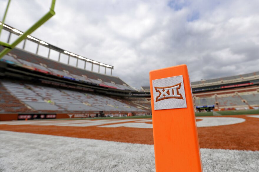 A Big 12 pylon marks the end zone at Darrell K Royal Texas Memorial Stadium at UT Austin.