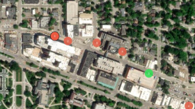  Map of Downtown East Lansing notating the areas where the cameras could be installed