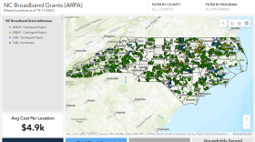A map of grant awards to expand broadband in North Carolina. Captured April 5, 2024.
